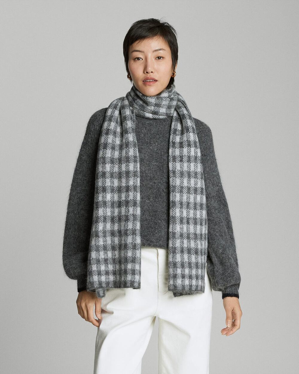 NWT Everlane Unisex The Alpaca Patterned Scarf Gray Buffalo Check One Size